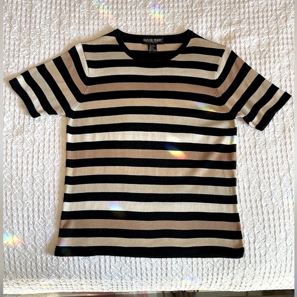 OLIVER PERRY Black White Tan Striped Silk Cotton Knit Top Women's Medium - Picture 9 of 11